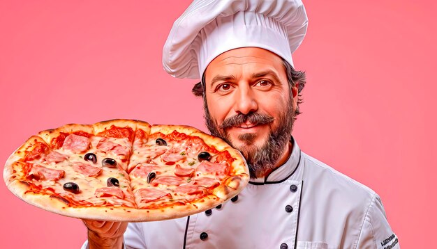 Attraktiver, glücklicher Koch hält eine heiße Pizza in den Händen