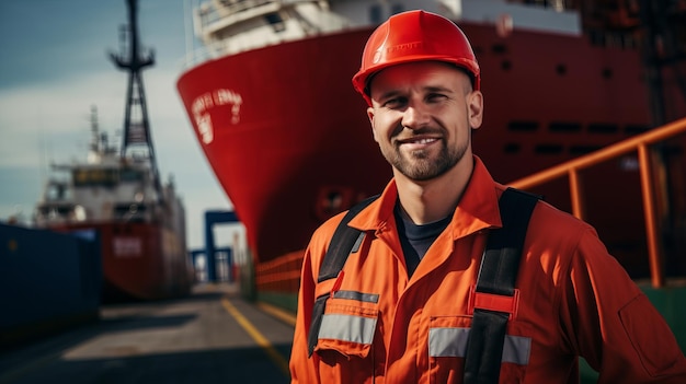 Attraktiver Seemann in der Nähe eines großen Schiffes im Hafen