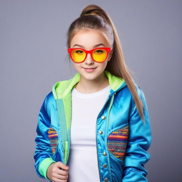 Attraktives junges Mädchen mit kurzen Haaren, Brille und Streetstyle-Kleidung