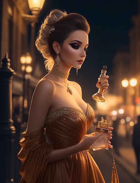 Attraktives Mädchen im seidengoldenen Kleid blickte überrascht in die Kamera und hielt Champagner in der Hand