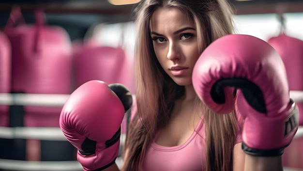 Attraktives Mädchen mit Boxhandschuhen und enger Kleidung beim Training