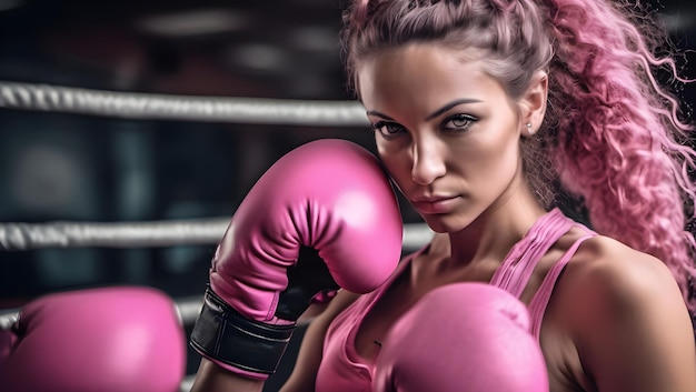 Attraktives Mädchen mit Boxhandschuhen und enger Kleidung beim Training