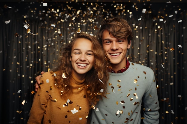 Attraktives Paar feiert Feiertage mit Konfetti auf minimalem Farbhintergrund