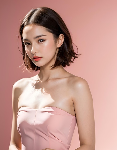 Attraktives, schönes asiatisches Mädchen mit nackter Schulter und einfachem Hintergrund