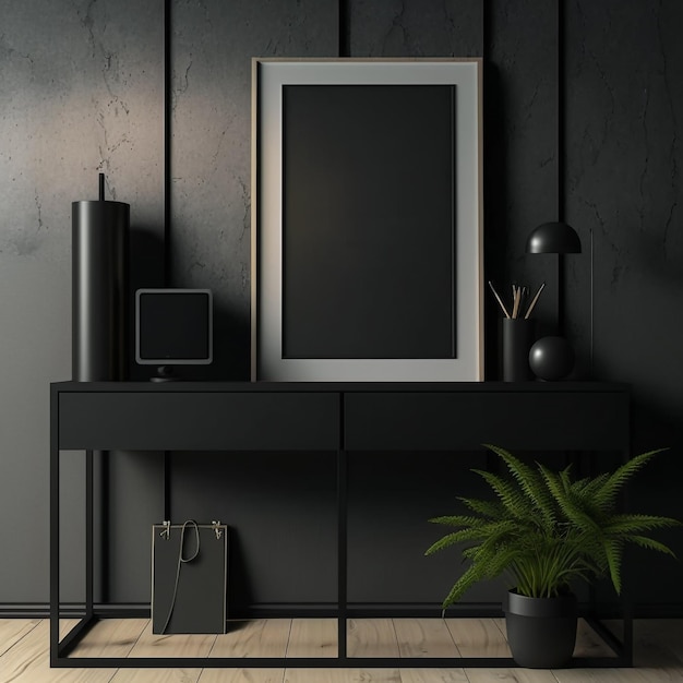 Attrappe eines Posterrahmens im luxuriösen, dunklen Schlafzimmerdesign mit generativer KI