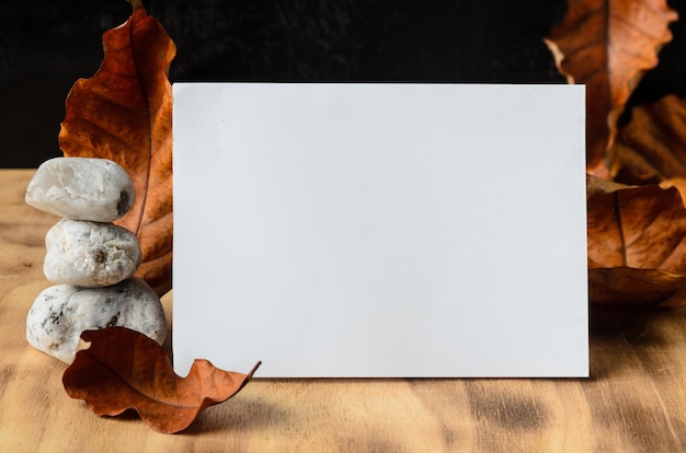 Attrappe, Lehrmodell, Simulation. Ein weißes Blatt Papier auf einer Holzoberfläche, umgeben von Herbstlaub und weißen Steinen. Selektiver Fokus.