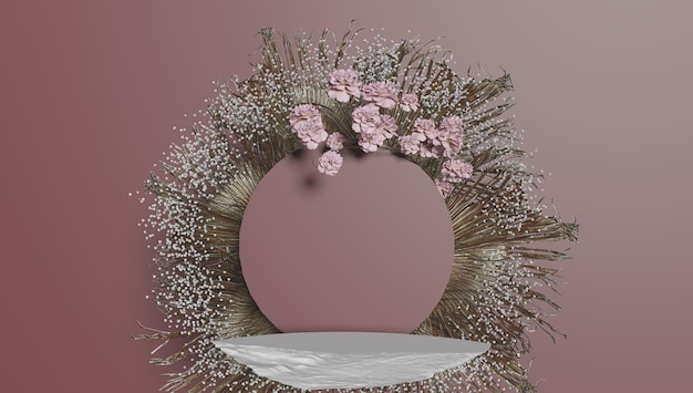 Attrappe mit Holzscheit Trockenblumen für Kosmetika auf weißem Hintergrund Abstraktes leeres Podium für organische Kosmetikprodukte 3D-Rendering im Minimalstil