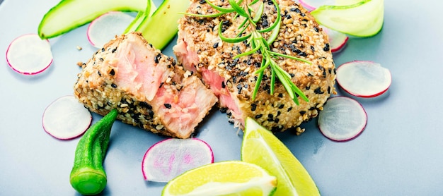 Atún al horno con guarnición de verduras Pescado cocido con verduras Filete de atún frito