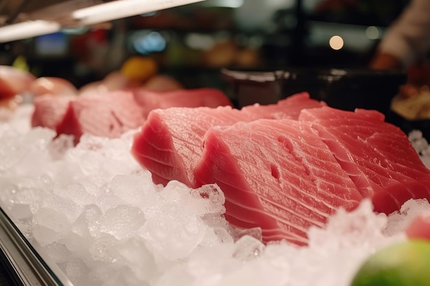 Atún fresco pescado en hielo en un mercado húmedo o en una tienda de mariscos