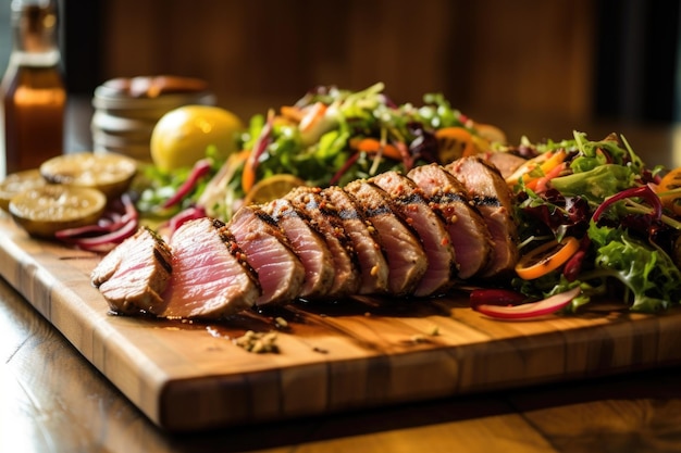 Atún a la parrilla en tabla de cedro con un lado de ensalada fresca creada con ai generativo