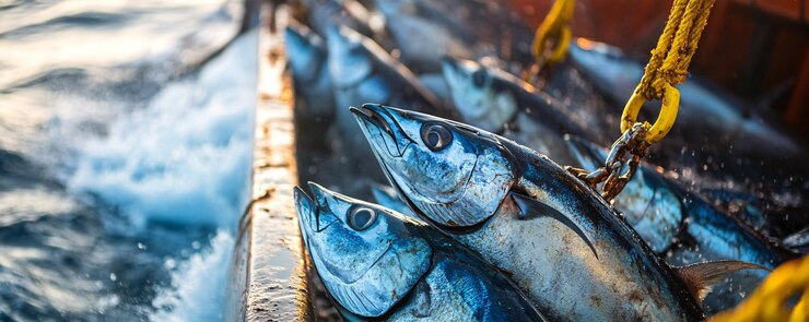 El atún recién capturado es sacado del océano en un barco de pesca