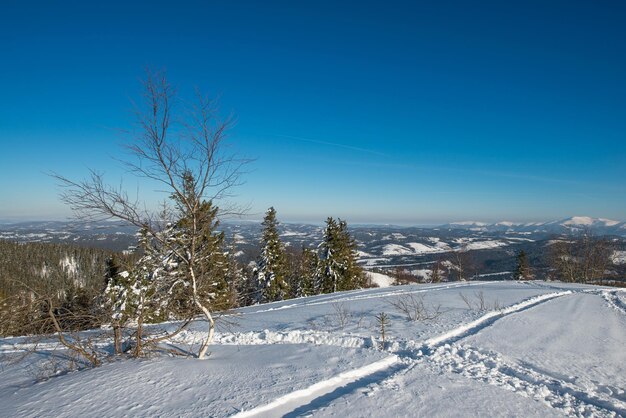 ATV y pistas de esquí en la nieve en un día helado de invierno