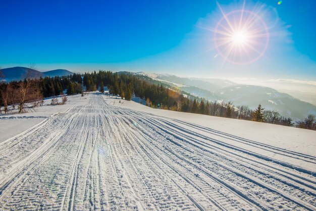 ATV- und Skispuren im Schnee an einem sonnigen, frostigen Wintertag