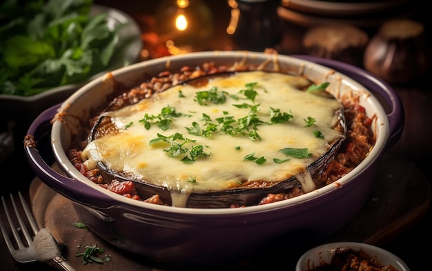 Aubergina y carne al horno griegas Moussaka IA generativa