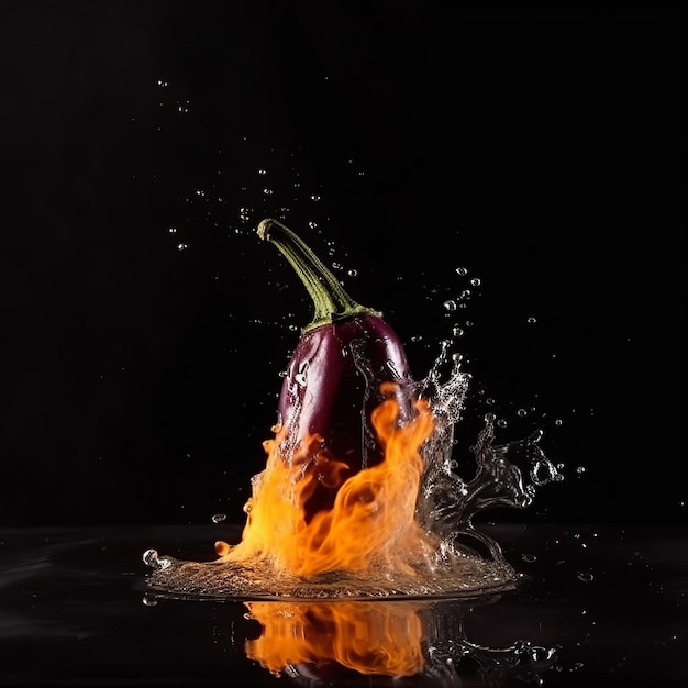 Aubergine im Zusammenprall von Wasser und Feuer auf schwarzem Hintergrund