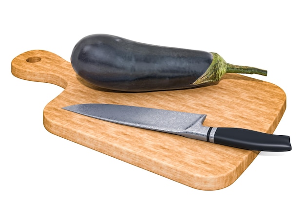 Aubergine liegt auf einem Holzbrett neben einem Messer 3D-Rendering