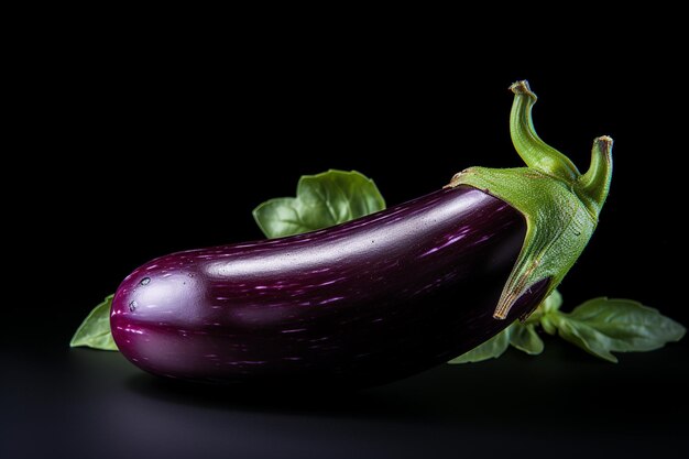 Aubergine roxa isolada em fundo preto em close-up em estúdio