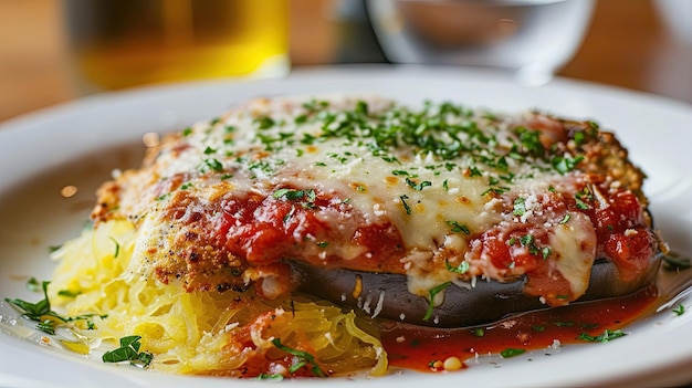 Auberginenparmesan mit Marinara-Sauce und Beilage Restaurantgericht, das aus der Nähe serviert wird Saisonangebot, das schwierig zu zubereiten ist Kulinarische Exzellenz Raffinesse Konzept Generativ von KI