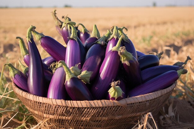 Aubergines frescas en el campo en la canasta IA generativa