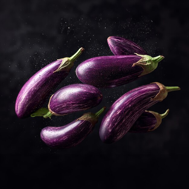 Aubergines voando em torno de fundo preto com gotas de água