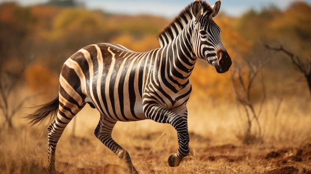 Y la audaz y dinámica cebra corriendo a través del campo del desierto