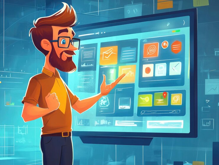 Foto un audaz empresario de dibujos animados lanza una aplicación innovadora en la pantalla gigante con emoción y determinación