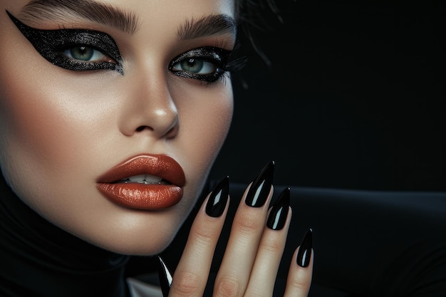 El audaz maquillaje negro y la aguda manicura de la modelo de moda sobresaliendo contra un fondo negro