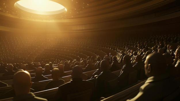 Audiência capturada em silhueta contra um palco brilhante em um auditório