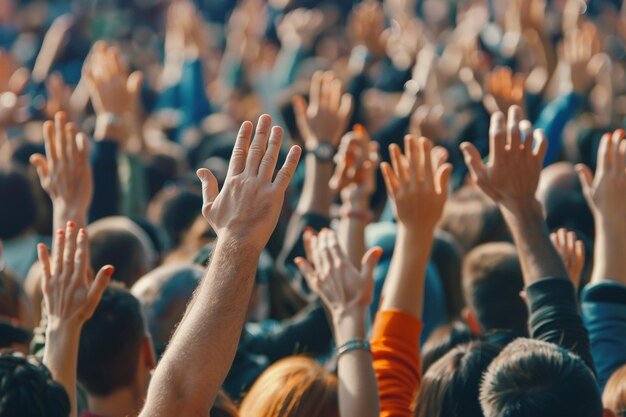 Audiencia levantando la mano en un evento con IA generada