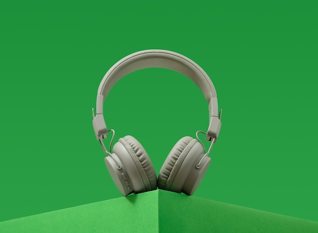 Audífonos de música en un fondo verde Accesorio elegante