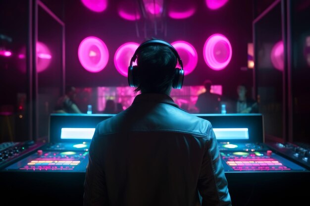 Áudio de DJ player mixando música eletrônica em uma festa de boate Criado com tecnologia Generative AI