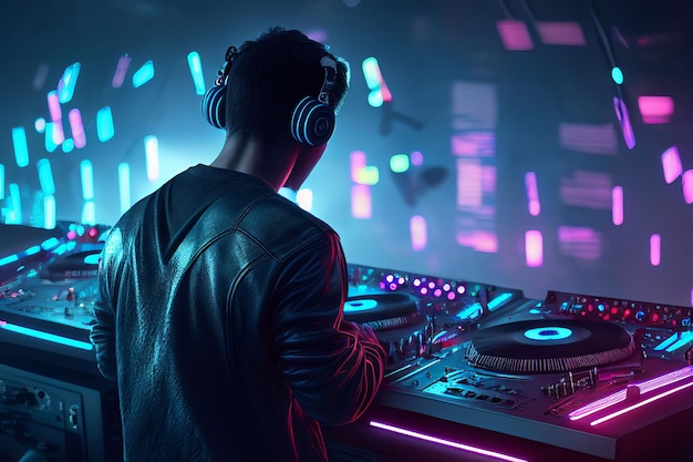 Áudio de DJ player mixando música eletrônica em uma festa de boate Criado com tecnologia Generative AI