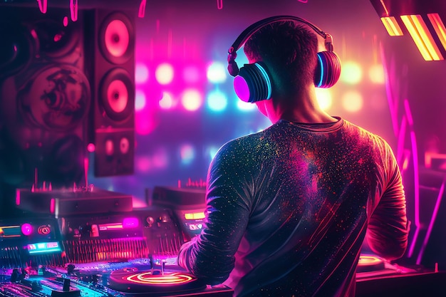 Áudio de DJ player mixando música eletrônica em uma festa de boate Criado com tecnologia Generative AI