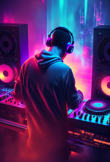 Foto Áudio de dj player mixando música eletrônica em uma festa de boate criado com tecnologia generative ai