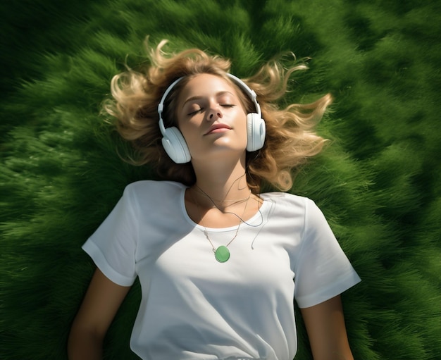 Audio-Frau, Musik, Gras, Meditation, positiver Sommer-Studenten-Lebensstil, grüne Dame, Porträt-Kopfhörer