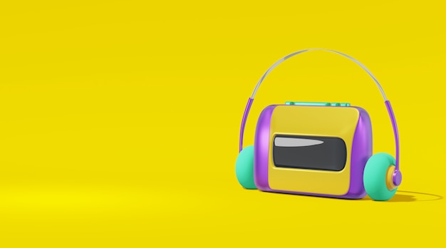 Áudio player cassete cartoon estilo amarelo fundo renderização em 3d