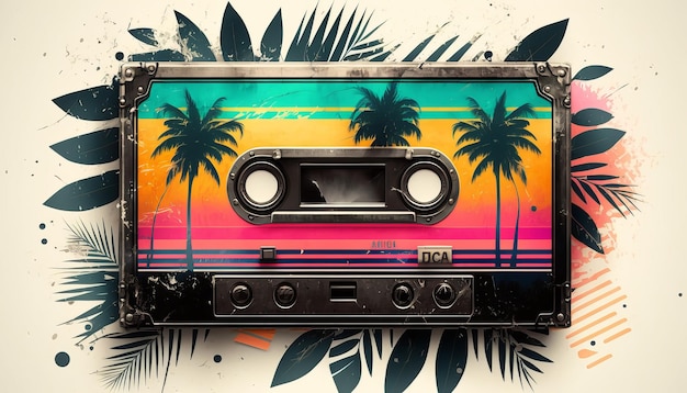 Audiokassette Palme 90er Moderne Collage in Retro-Farben für Partydesign