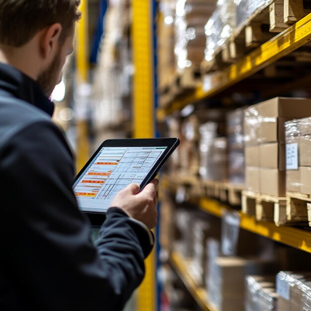 Una auditoría de inventario en curso con empleados contando las existencias e introduciendo datos en una tableta