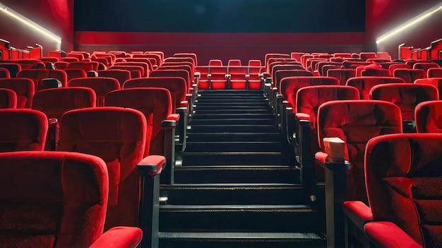 Auditorio de cine con asientos rojos y una fila de sillas