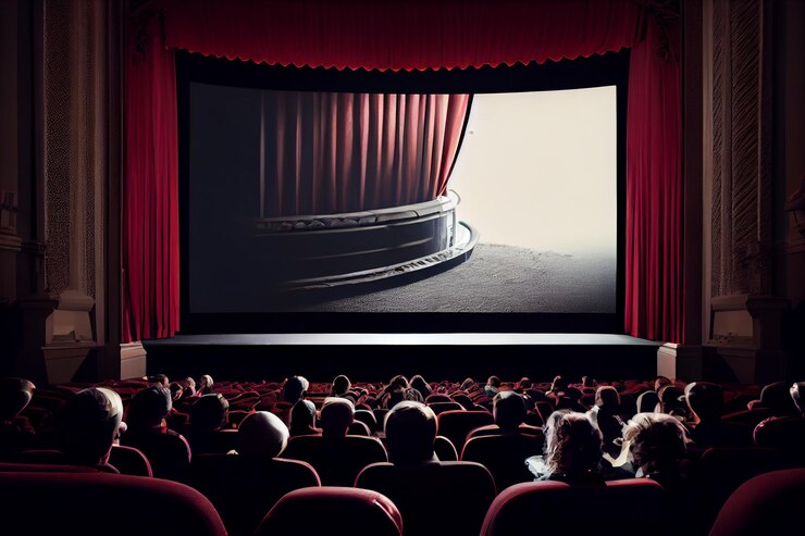 Auditorio de cine con cortinas rojas y cine spotlightgenerative ai