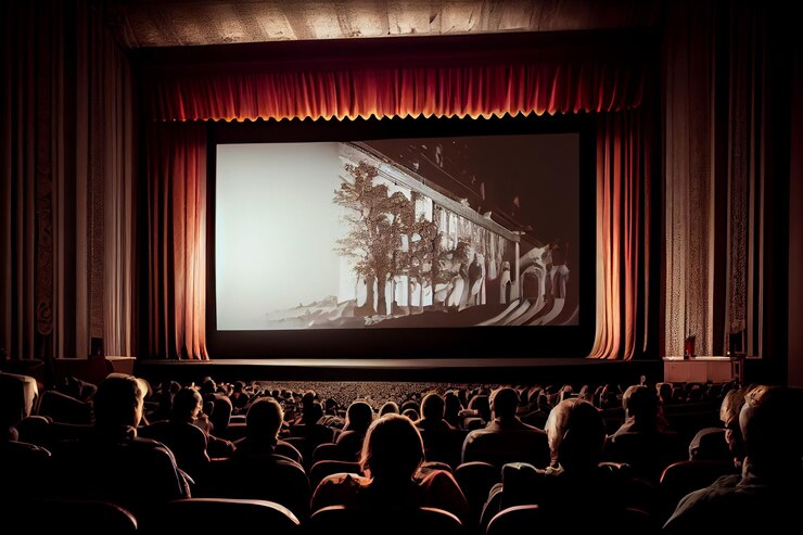 Auditorio de cine con cortinas rojas y cine spotlightgenerative ai