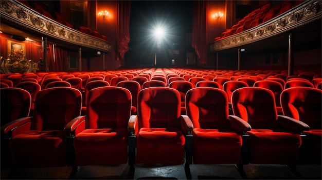 Auditorio de cine con filas de asientos y cortinas rojas