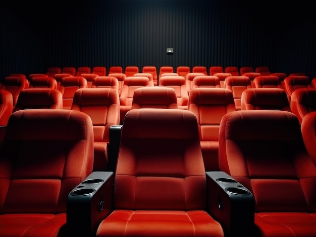 Auditorio de cine vacío con filas de asientos rojos