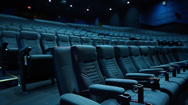 Foto auditorio de cine vacío moderno y cómodo con asientos de cuero azul