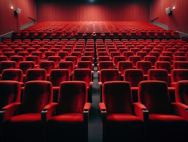 Auditório de cinema vazio com fileiras de assentos vermelhos