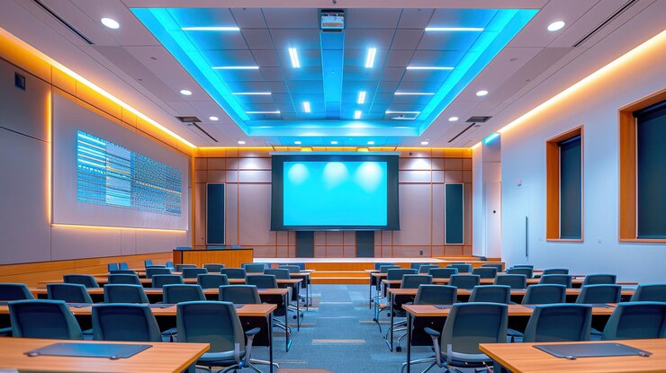 Auditorio moderno con iluminación azul una gran pantalla y filas de escritorios y sillas dispuestas
