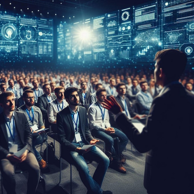 Foto en un auditorio oscuro y lleno de gente en una conferencia internacional de tecnología un hombre hace una pregunta a un orador un joven especialista expresa una opinión