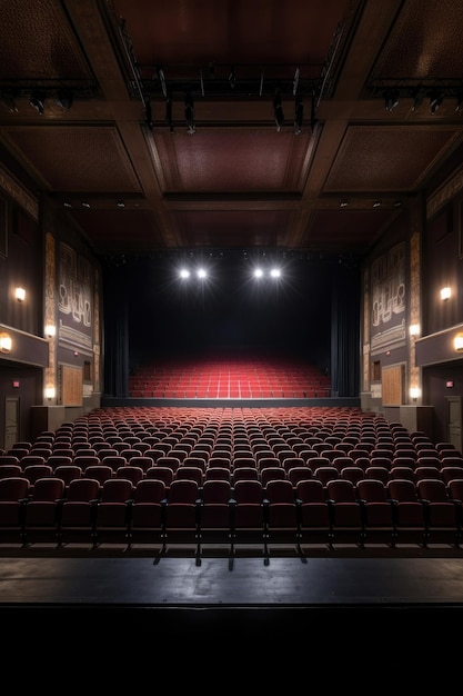 Auditorio vacío con filas de asientos y escenario creado con ai generativo