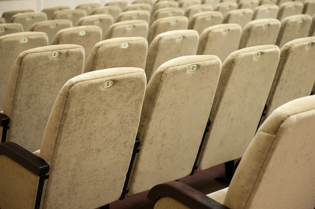 Auditorio vacío con sillas de color beige, teatro o sala de conferencias.