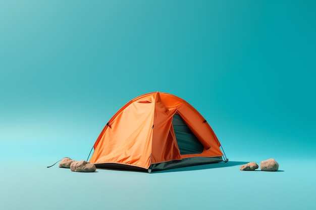 Auf blauem Hintergrund ist ein orangefarbenes Zelt mit einem Paar Schuhen aufgebaut.